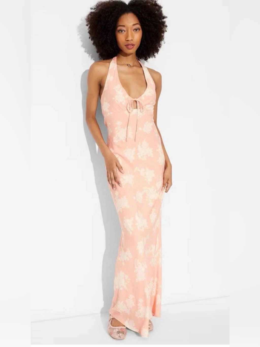 Wild Fable Nwt Women’s Peach Tie-Front Halter Sun Dress Floral Maxi Dress S-Xxl